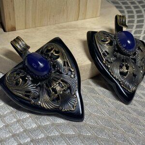 Vintage 1965–75 Nepal/India Bronze & Ebonite Pendants w/ Blue Galalith Cabochon